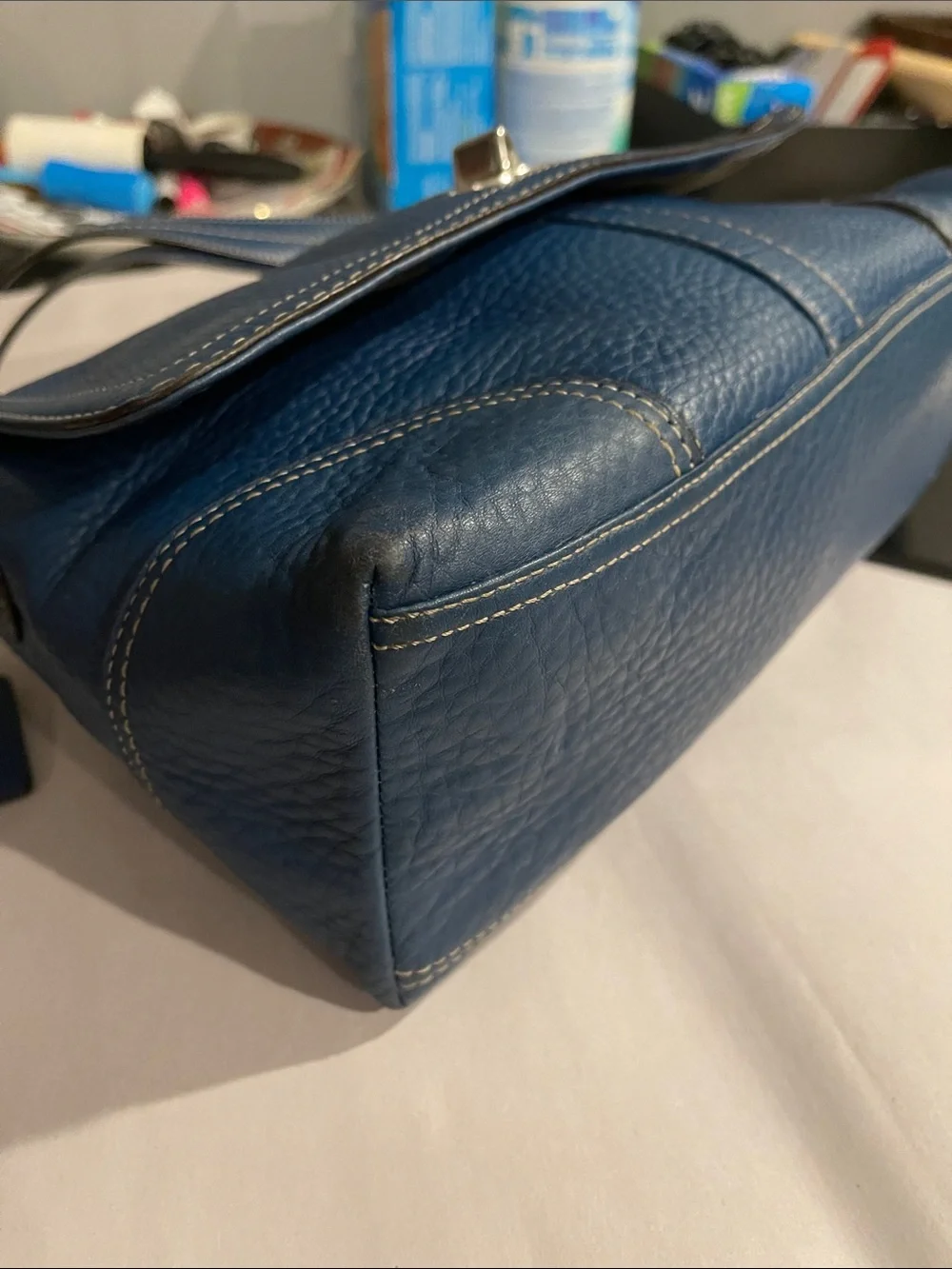 Coach Hamilton Flap F13957 Blue Pebbled Leather Crossbody Silver Turnlock